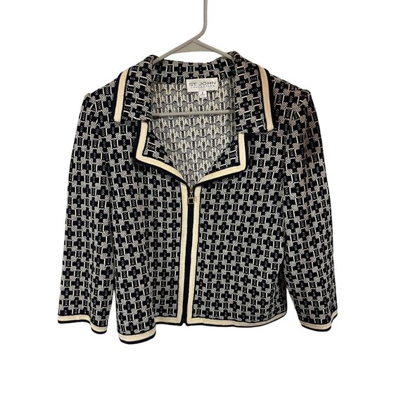 St. John Black & White Geometric Knit Zip-Up Jacket - Picture 10 of 10